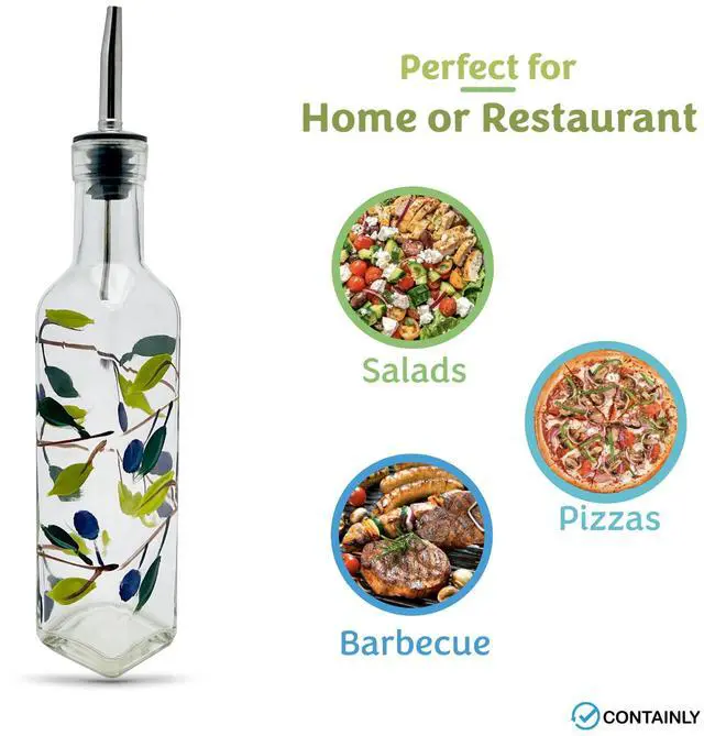 Alt view image 3 of 7 - Glass Olive Branch Oil/Vinegar Glass Cruet for Kitchen, 8 oz Olive Oil Dispenser With Stainless Steel Spout for Easy Pouring