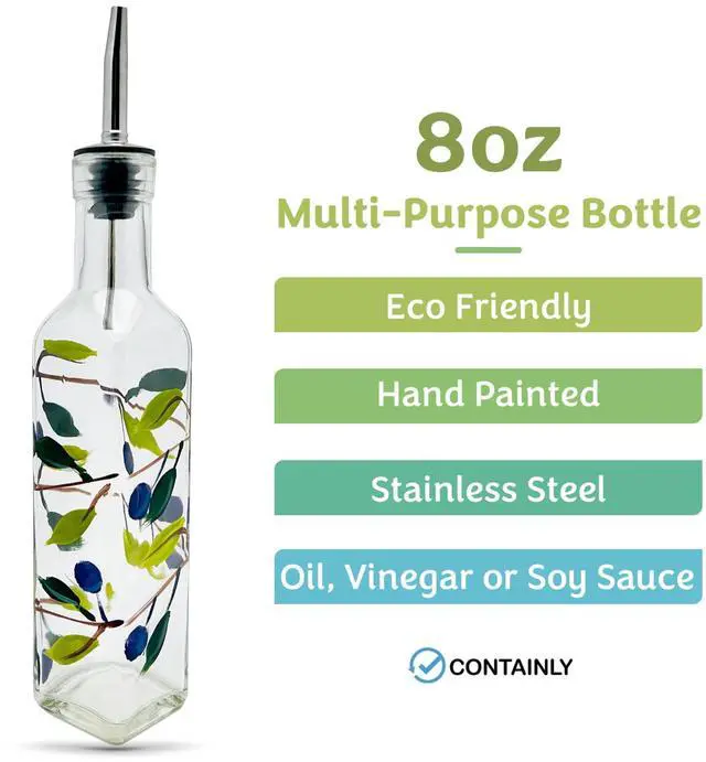 Alt view image 2 of 7 - Glass Olive Branch Oil/Vinegar Glass Cruet for Kitchen, 8 oz Olive Oil Dispenser With Stainless Steel Spout for Easy Pouring