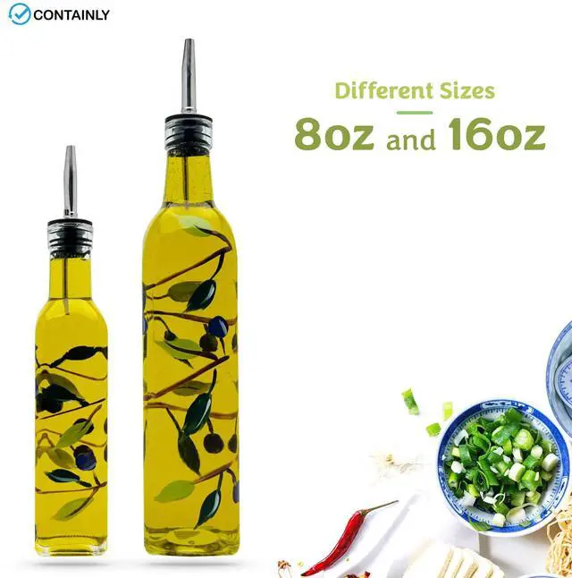 Alt view image 6 of 7 - Glass Olive Branch Oil/Vinegar Glass Cruet for Kitchen, 8 oz Olive Oil Dispenser With Stainless Steel Spout for Easy Pouring