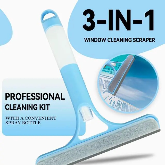 Alt view image 3 of 6 - 3 in 1 Window Cleaning Scraper,All-Purpose Spray Window Squeegee Cleaner Tool,for Glass Doors for Windows Glass, Mirrors Scraper, Brush (Blue)