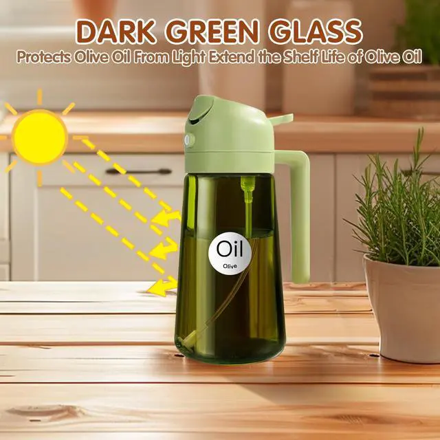 Alt view image 2 of 7 - 16oz/470ml Light Blocking Oil Sprayer for Cooking with Stickers, Food-Grade 2 in 1 Olive Oil Dispenser Bottle for Kitchen, Premium Dark Green Glass Oil Bottle for Air Fryer, BBQ (Green)