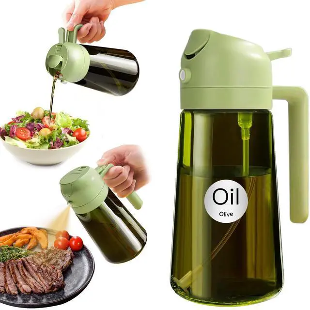 Main image of 16oz/470ml Light Blocking Oil Sprayer for Cooking with Stickers, Food-Grade 2 in 1 Olive Oil Dispenser Bottle for Kitchen, Premium Dark Green Glass Oil Bottle for Air Fryer, BBQ (Green)