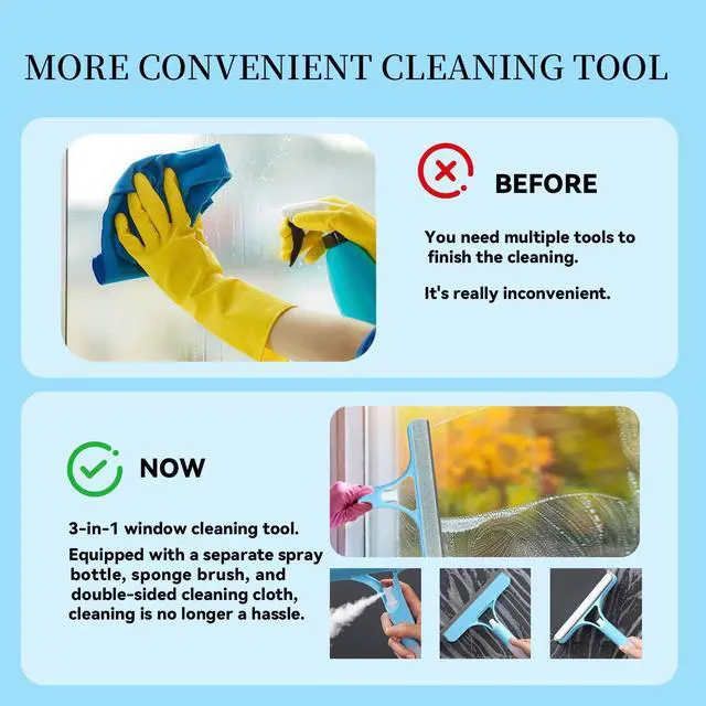 Alt view image 5 of 6 - 3 in 1 Window Cleaning Scraper,All-Purpose Spray Window Squeegee Cleaner Tool,for Glass Doors for Windows Glass, Mirrors Scraper, Brush (Blue)