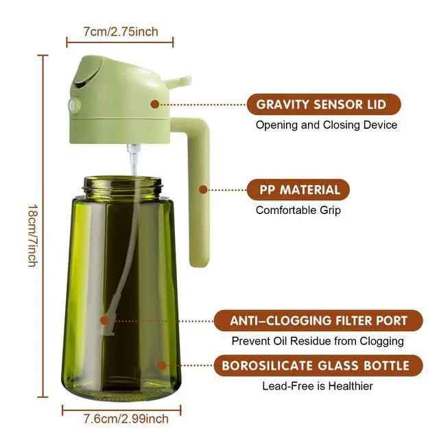 Alt view image 7 of 7 - 16oz/470ml Light Blocking Oil Sprayer for Cooking with Stickers, Food-Grade 2 in 1 Olive Oil Dispenser Bottle for Kitchen, Premium Dark Green Glass Oil Bottle for Air Fryer, BBQ (Green)