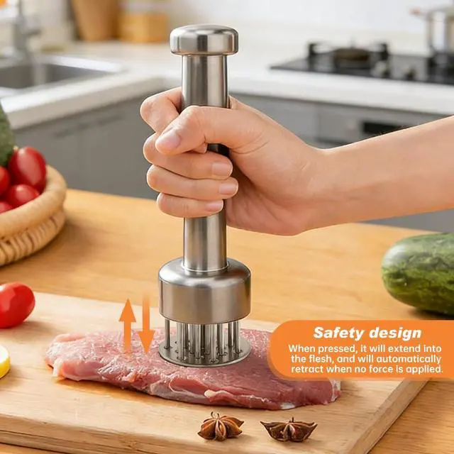 Alt view image 3 of 7 - Tenderizer Tool with 21 Sharp 304 Stainless Steel Needles, Retractable Safety Guard for Steak, Beef, Chicken and Pork, Marinade Tenderizer with Cleaning Brush, Dishwasher Safe