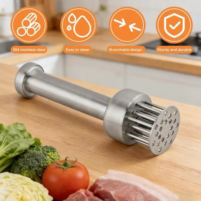 Alt view image 4 of 7 - Tenderizer Tool with 21 Sharp 304 Stainless Steel Needles, Retractable Safety Guard for Steak, Beef, Chicken and Pork, Marinade Tenderizer with Cleaning Brush, Dishwasher Safe
