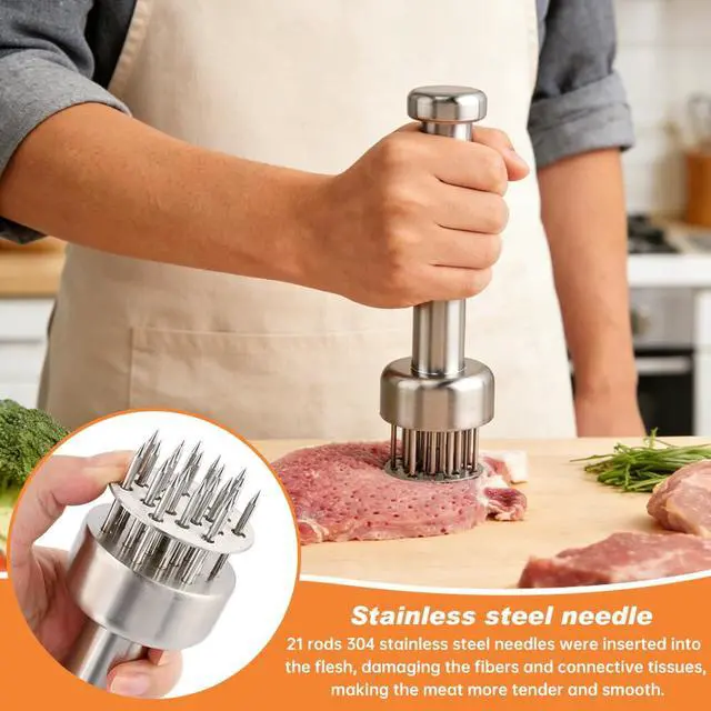 Alt view image 6 of 7 - Tenderizer Tool with 21 Sharp 304 Stainless Steel Needles, Retractable Safety Guard for Steak, Beef, Chicken and Pork, Marinade Tenderizer with Cleaning Brush, Dishwasher Safe