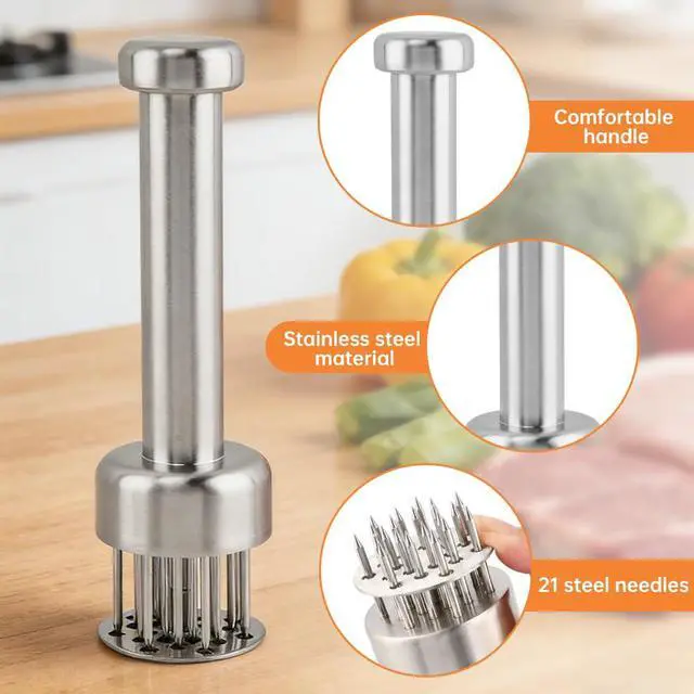 Alt view image 7 of 7 - Tenderizer Tool with 21 Sharp 304 Stainless Steel Needles, Retractable Safety Guard for Steak, Beef, Chicken and Pork, Marinade Tenderizer with Cleaning Brush, Dishwasher Safe