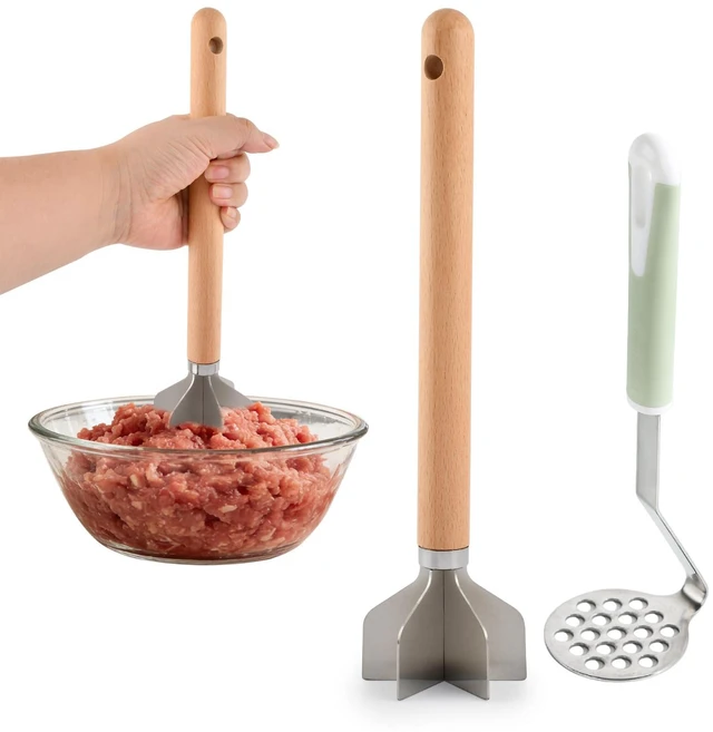Main image of Stainless Steel Meat Chopper with Potato Masher, Kitchen Gadgets 4-Blade Ground Beef Chopper Potato Masher Hamburger Smasher Tool for Meat Vegetables Avocado Potatoes Beans(COLOR:Silver)