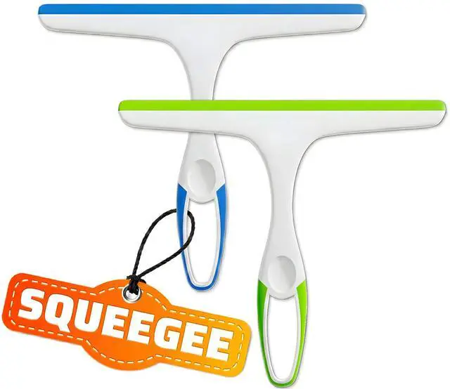 Main image of 2 Pack Shower Squeegee for Glass Doors 9.5 Silicone Blade Window Cleaner Tool (Blue & Green) Bathroom, Car Windshield, Mirror & Tile Cleaning Wiper with Hook Lightweight Ergonomic Handle