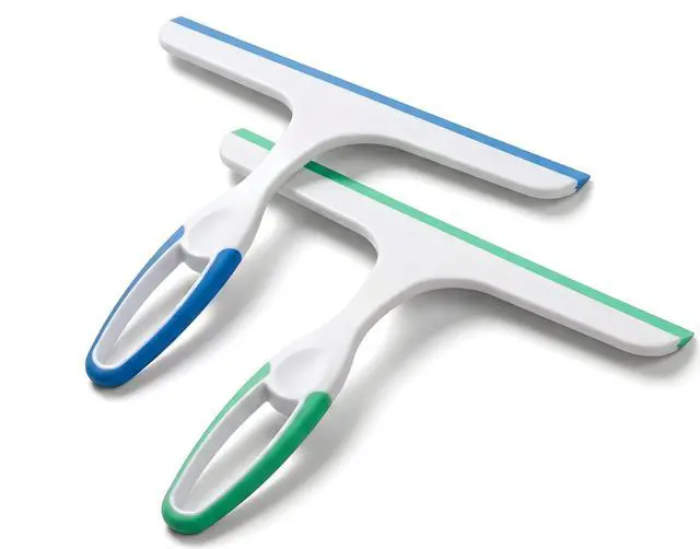 Alt view image 2 of 7 - 2 Pack Shower Squeegee for Glass Doors 9.5 Silicone Blade Window Cleaner Tool (Blue & Green) Bathroom, Car Windshield, Mirror & Tile Cleaning Wiper with Hook Lightweight Ergonomic Handle