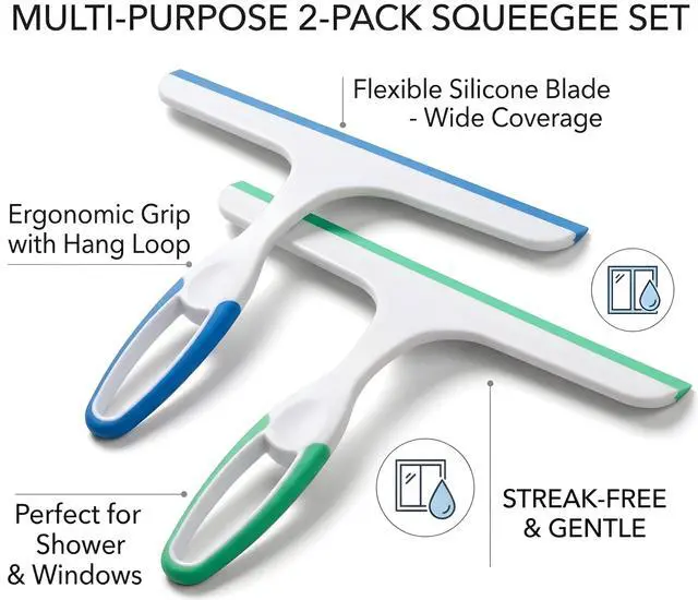 Alt view image 4 of 7 - 2 Pack Shower Squeegee for Glass Doors 9.5 Silicone Blade Window Cleaner Tool (Blue & Green) Bathroom, Car Windshield, Mirror & Tile Cleaning Wiper with Hook Lightweight Ergonomic Handle