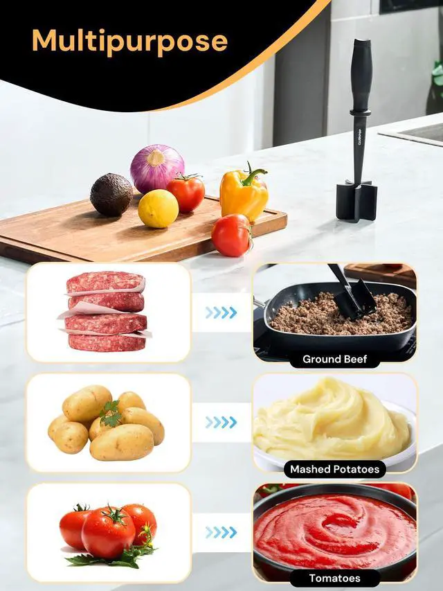 Alt view image 4 of 7 - Meat Chopper, Hamburger Grinder, Premium Heat Resistant Smasher for Ground Beef, Burger Grinder Nylon Potato Mix Tool, Meat & Poultry Tenderizers (Black)