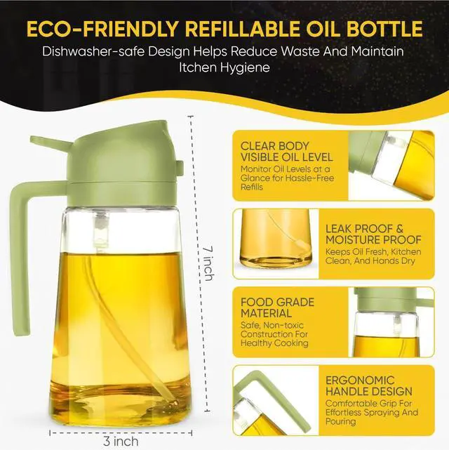 Alt view image 3 of 7 - 2-in-1 Olive Oil Dispenser Bottle, Spray and Pour, Multi-Use Kitchen Gadget, Food-Grade, Salad Dressing, Air Fryer, Healthy, BBQ, Barbecue (Green)