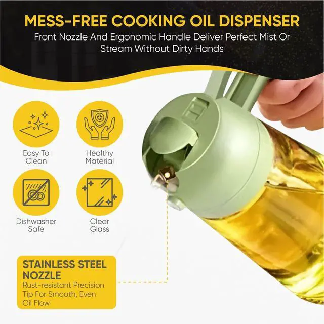Alt view image 4 of 7 - 2-in-1 Olive Oil Dispenser Bottle, Spray and Pour, Multi-Use Kitchen Gadget, Food-Grade, Salad Dressing, Air Fryer, Healthy, BBQ, Barbecue (Green)