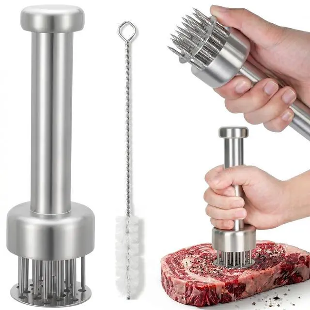 Main image of Stainless Steel Meat Tenderizer Tool with Retractable Design, 21-Needle Meat Tenderizer with Cleaning Brush for Tenderizing Steak, Beef, Chicken, and Pork - Dishwasher Friendly & Easy-Grip Handle