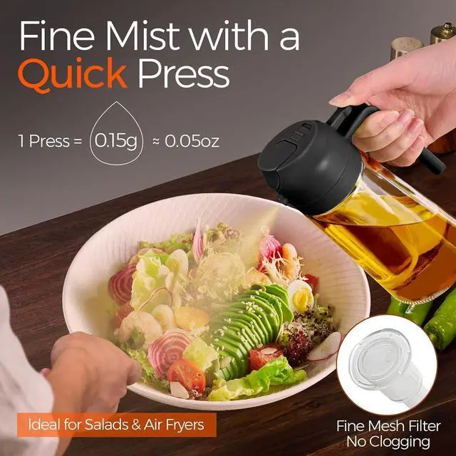 Alt view image 5 of 5 - 16oz Glass Olive Oil Sprayer for Cooking, 2 in 1 Oil Dispenser, Food Grade Premium Spray Bottle with Portion Control for Salad, Frying, BBQ (Black)