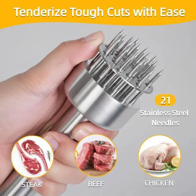 Alt view image 2 of 7 - Stainless Steel Meat Tenderizer Tool with Retractable Design, 21-Needle Meat Tenderizer with Cleaning Brush for Tenderizing Steak, Beef, Chicken, and Pork - Dishwasher Friendly & Easy-Grip Handle