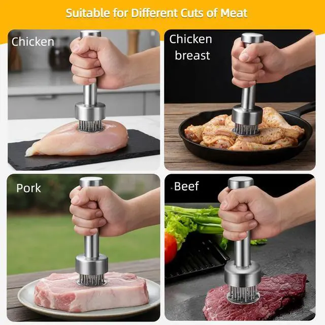 Alt view image 5 of 7 - Stainless Steel Meat Tenderizer Tool with Retractable Design, 21-Needle Meat Tenderizer with Cleaning Brush for Tenderizing Steak, Beef, Chicken, and Pork - Dishwasher Friendly & Easy-Grip Handle