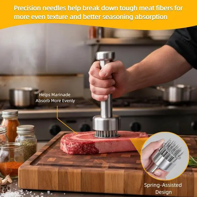 Alt view image 3 of 7 - Stainless Steel Meat Tenderizer Tool with Retractable Design, 21-Needle Meat Tenderizer with Cleaning Brush for Tenderizing Steak, Beef, Chicken, and Pork - Dishwasher Friendly & Easy-Grip Handle