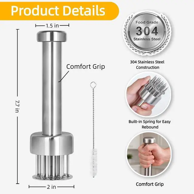 Alt view image 6 of 7 - Stainless Steel Meat Tenderizer Tool with Retractable Design, 21-Needle Meat Tenderizer with Cleaning Brush for Tenderizing Steak, Beef, Chicken, and Pork - Dishwasher Friendly & Easy-Grip Handle