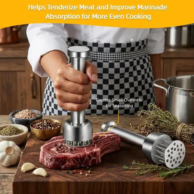 Alt view image 4 of 7 - Stainless Steel Meat Tenderizer Tool with Retractable Design, 21-Needle Meat Tenderizer with Cleaning Brush for Tenderizing Steak, Beef, Chicken, and Pork - Dishwasher Friendly & Easy-Grip Handle