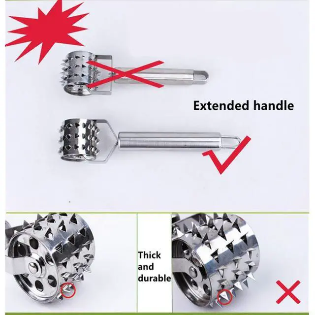 Alt view image 3 of 6 - Meat Tenderizer- Stainless Steel Meat Tenderizer Roller Rolling Hammer-Pizza Roll Meat Needle Pin Hole Punch for Steak Chicken Pork Beef