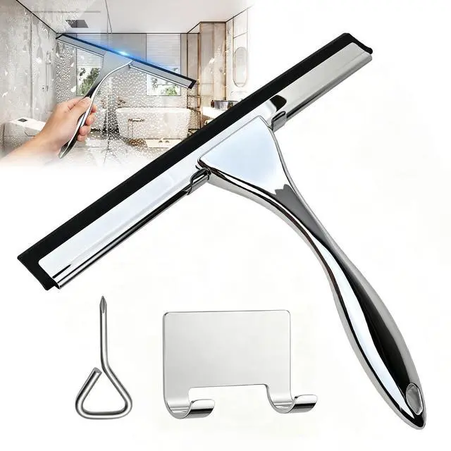 Main image of Hotel Grade Stainless Steel Squeegee 10 Inch with Adhesive Hooks - Commercial Shower Squeegee for Hotel Bathroom Glass Door Mirror Tile, Streak-Free Multi-Purpose Cleaning Tool for Hotel Use, Silver