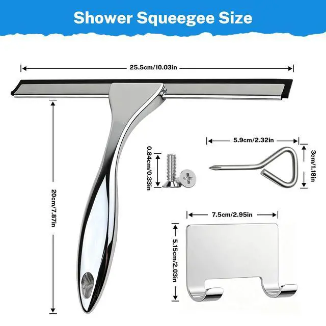 Alt view image 2 of 7 - Hotel Grade Stainless Steel Squeegee 10 Inch with Adhesive Hooks - Commercial Shower Squeegee for Hotel Bathroom Glass Door Mirror Tile, Streak-Free Multi-Purpose Cleaning Tool for Hotel Use, Silver