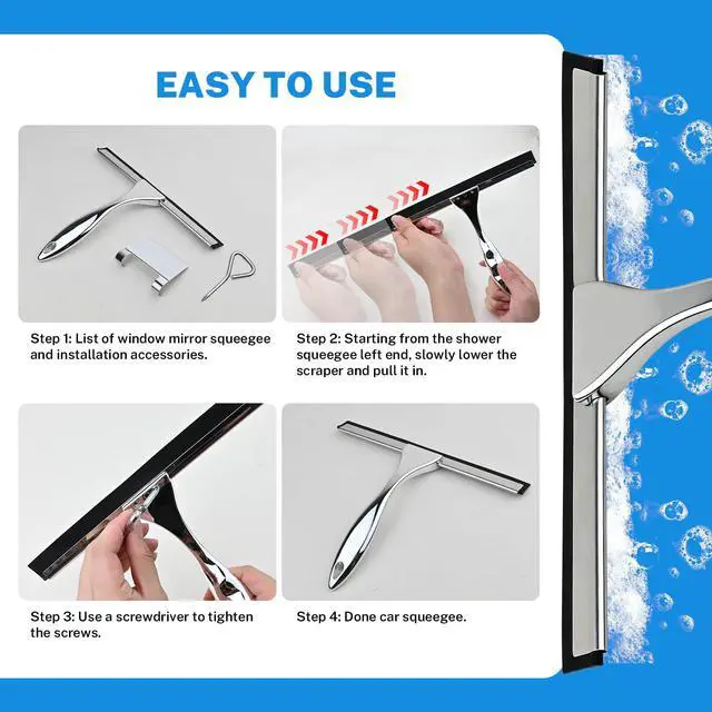 Alt view image 3 of 7 - Hotel Grade Stainless Steel Squeegee 10 Inch with Adhesive Hooks - Commercial Shower Squeegee for Hotel Bathroom Glass Door Mirror Tile, Streak-Free Multi-Purpose Cleaning Tool for Hotel Use, Silver