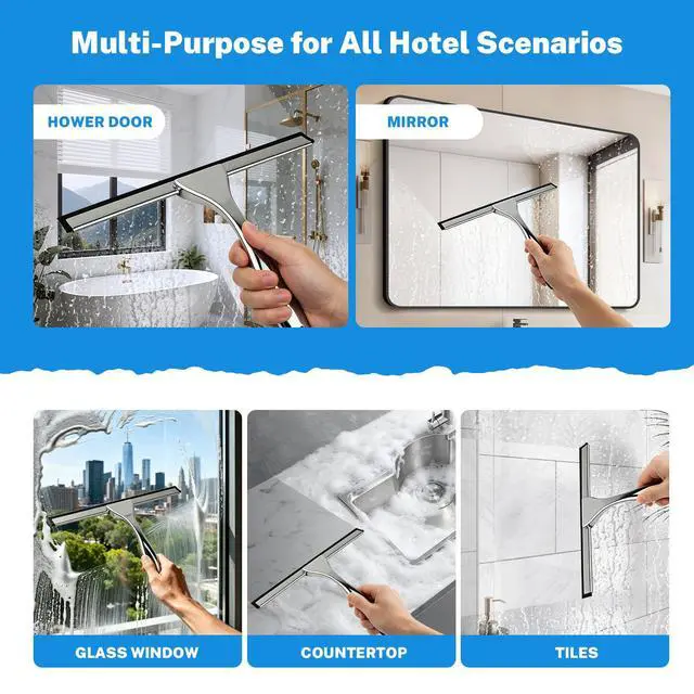 Alt view image 6 of 7 - Hotel Grade Stainless Steel Squeegee 10 Inch with Adhesive Hooks - Commercial Shower Squeegee for Hotel Bathroom Glass Door Mirror Tile, Streak-Free Multi-Purpose Cleaning Tool for Hotel Use, Silver