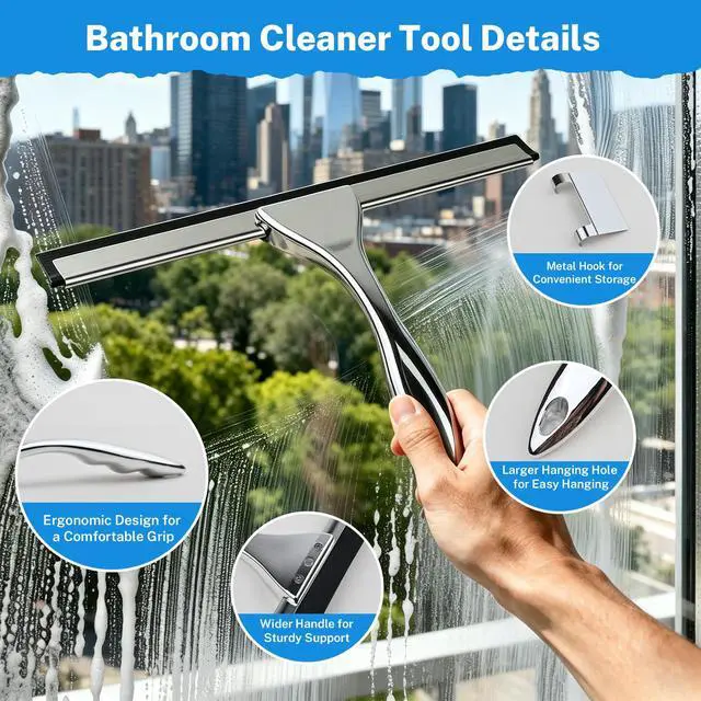 Alt view image 5 of 7 - Hotel Grade Stainless Steel Squeegee 10 Inch with Adhesive Hooks - Commercial Shower Squeegee for Hotel Bathroom Glass Door Mirror Tile, Streak-Free Multi-Purpose Cleaning Tool for Hotel Use, Silver