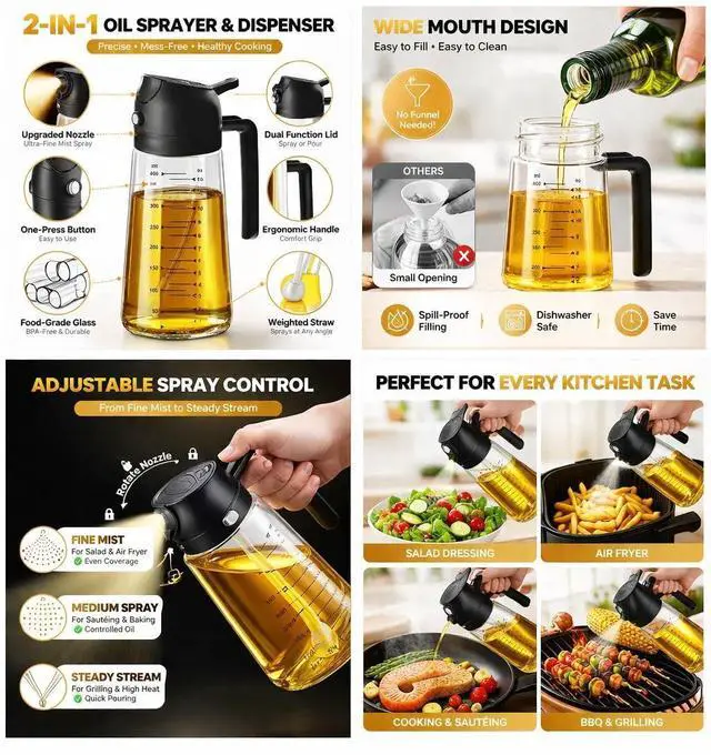 Alt view image 4 of 6 - 2-in-1 Glass Oil Sprayer Bottle 16oz (470ml) for Cooking, Oil Dispenser for Air Fryer, Salad, BBQ, Kitchen Black and Olive green