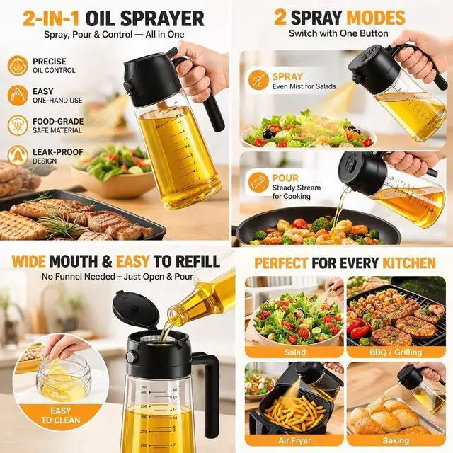Alt view image 3 of 6 - 2-in-1 Glass Oil Sprayer Bottle 16oz (470ml) for Cooking, Oil Dispenser for Air Fryer, Salad, BBQ, Kitchen Black and Olive green