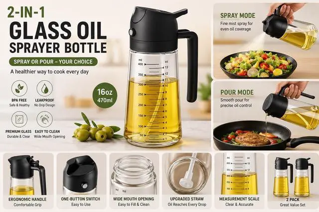 Alt view image 6 of 6 - 2-in-1 Glass Oil Sprayer Bottle 16oz (470ml) for Cooking, Oil Dispenser for Air Fryer, Salad, BBQ, Kitchen Black and Olive green