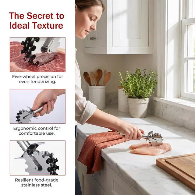 Alt view image 4 of 7 - Meat Tenderizer Tool Stainless Steel Rolling Meat Tenderizer Tool for Steak Chicken Pork Beef, Professional Roller Hammer Pounder with Blades for Marinating & Tenderizing