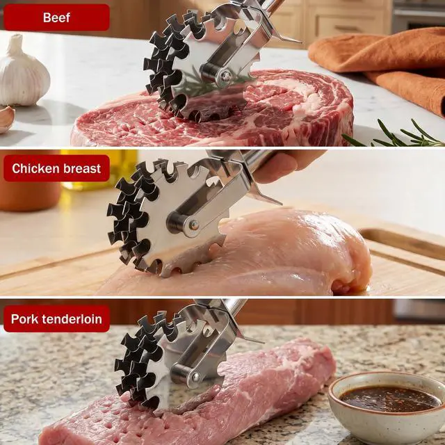 Alt view image 2 of 7 - Meat Tenderizer Tool Stainless Steel Rolling Meat Tenderizer Tool for Steak Chicken Pork Beef, Professional Roller Hammer Pounder with Blades for Marinating & Tenderizing