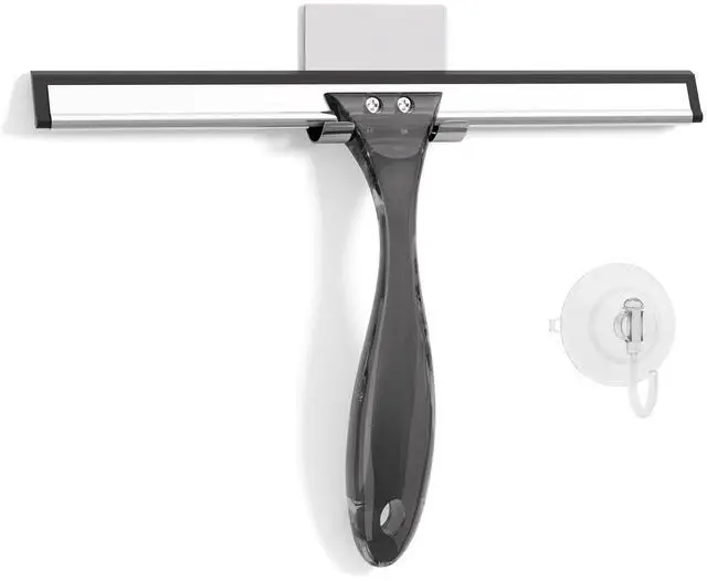 Main image of Shower Squeegee for Glass Doors, All-Purpose Squeegee with Suction Hook & Adhesive Hook, Squeegee for Shower Glass, Windows, Mirrors, Tiles and Car Windows - 10 Inches, Clear Black