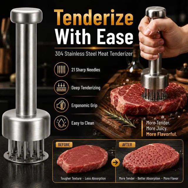 Alt view image 6 of 7 - Meat Tenderizer Tool, Stainless Steel Needle Meat Tenderizer with 21 Needles, Kitchen Tenderizing Tool for Steak, Chicken, Pork, Beef, Dishwasher Safe