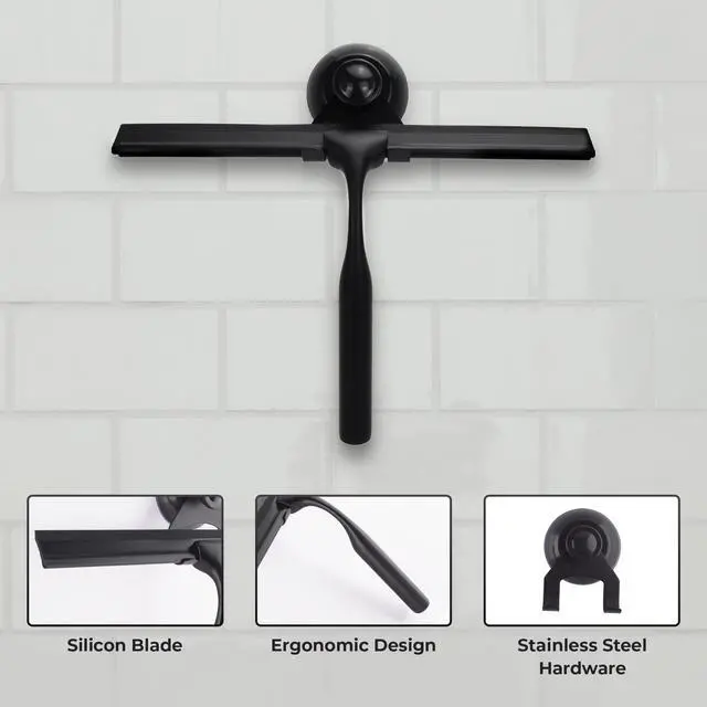 Alt view image 2 of 7 - Matte Black Shower Squeegee for Glass Doors with Adhesive Hooks, Squeegee for Shower Glass, Cleaner Tool for Bathroom Household Window Mirror Tile Wall Car, 10 Inch Black