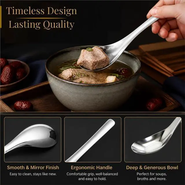 Alt view image 3 of 7 - 12 Pack Stainless Steel Soup Spoons, Premium Mirror Polished Chinese Dinner Spoons, Heavy Weight Table Spoon with Ergonomic Handle for Bouillon, Ramen, Pho, Wonton, Rice, Dishwasher Safe