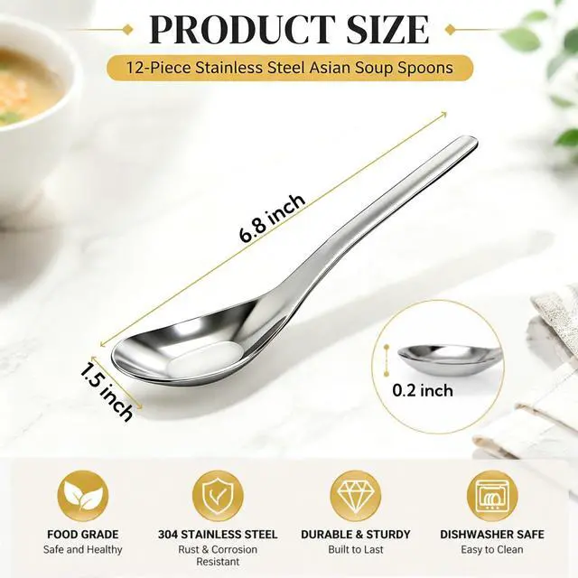 Alt view image 2 of 7 - 12 Pack Stainless Steel Soup Spoons, Premium Mirror Polished Chinese Dinner Spoons, Heavy Weight Table Spoon with Ergonomic Handle for Bouillon, Ramen, Pho, Wonton, Rice, Dishwasher Safe