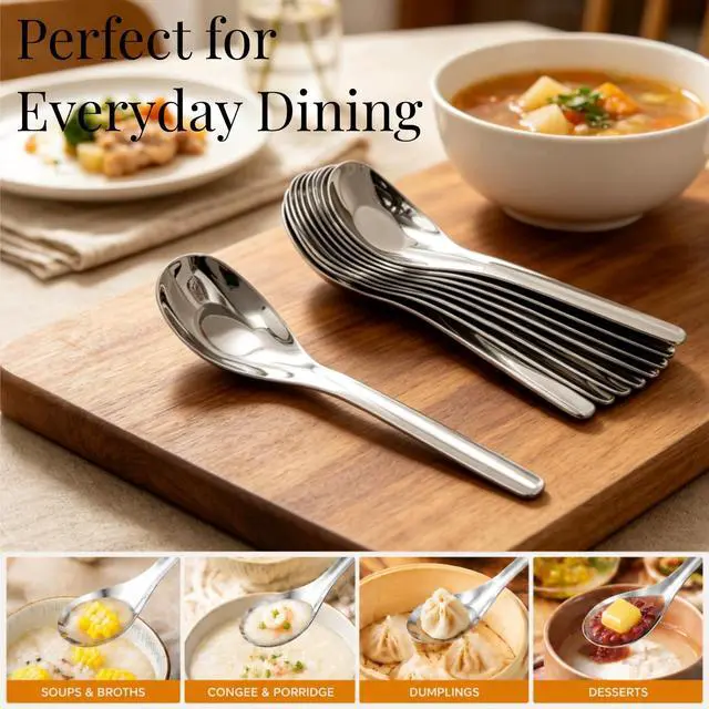 Alt view image 5 of 7 - 12 Pack Stainless Steel Soup Spoons, Premium Mirror Polished Chinese Dinner Spoons, Heavy Weight Table Spoon with Ergonomic Handle for Bouillon, Ramen, Pho, Wonton, Rice, Dishwasher Safe