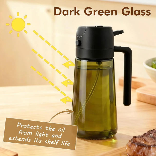 Alt view image 5 of 7 - 2 in 1 Olive Oil Sprayer for Cooking, 16oz Light-Proof Oil Dispenser for Kitchen, Leak-Proof Oil Spray Bottle for Air Fryer, Salad, BBQ, Baking, Grilling - Black