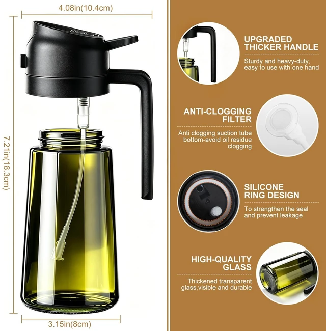Alt view image 2 of 7 - 2 in 1 Olive Oil Sprayer for Cooking, 16oz Light-Proof Oil Dispenser for Kitchen, Leak-Proof Oil Spray Bottle for Air Fryer, Salad, BBQ, Baking, Grilling - Black