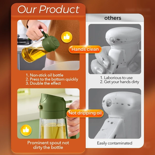Alt view image 6 of 7 - 16 oz 2-in-1 Glass Olive Oil Sprayer for Cooking, OliveGreen