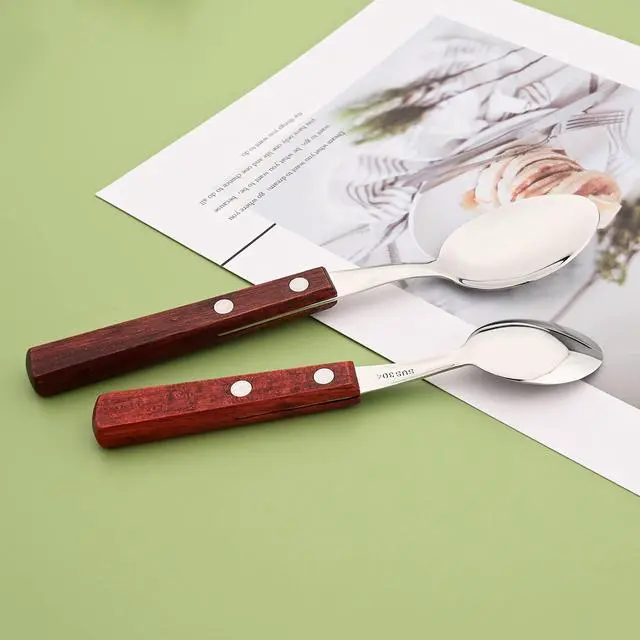 Alt view image 6 of 7 - Teaspoons Set of 8, 304 Stainless Steel Dessert Spoons with Red Wooden Handle, 6.3 Inch Ice Cream Spoons for Coffee, Appetizer, Bistro