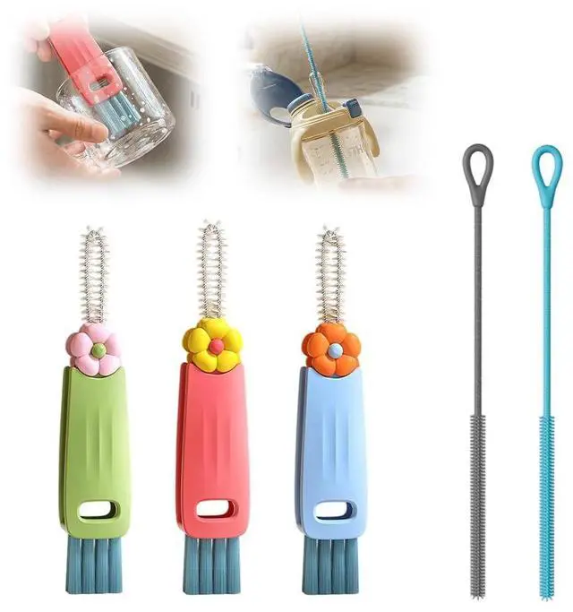 Main image of 3PCS 3 in 1 Cup Lid Cleaning Brush and 2PCS Silicone Straw Cleaner Brush for Bottle, Multifunctional Crevice Portable Cup Lid Cleaning Brushes, Flexible Straws Cleaning Brush Set for Water Bottles