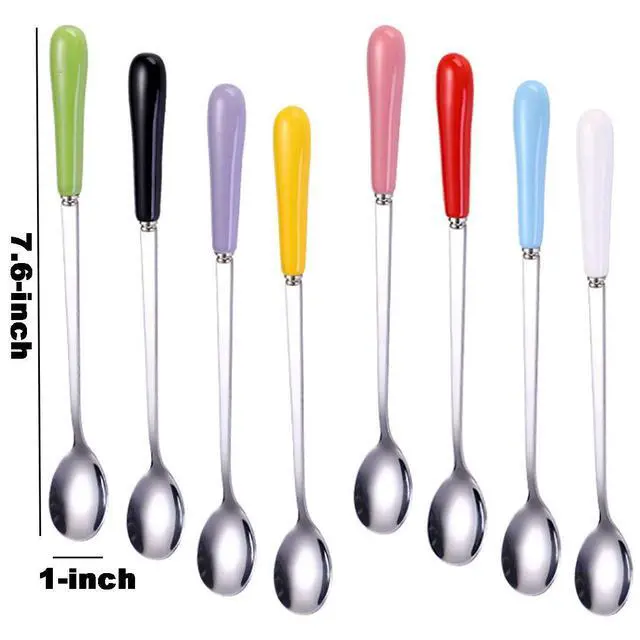 Alt view image 2 of 7 - Mixing Spoons Set of 8, Stainless Steel Iced Teaspoons with Ceramic Handle 7.6-Inch Long Soup Tablespoons Espresso Coffee Spoons Candy-Colored, Mixed Color