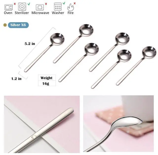Alt view image 2 of 7 - 6 PCS Silver Coffee Spoons, 18/8 Stainless Steel Espresso Spoons, 5.2 Inches Vogue Mini Tea Spoon, Cappuccino Stirring Small Spoon for Dessert, Ice Cream, Frosted Handle, Sweejar(Silver)